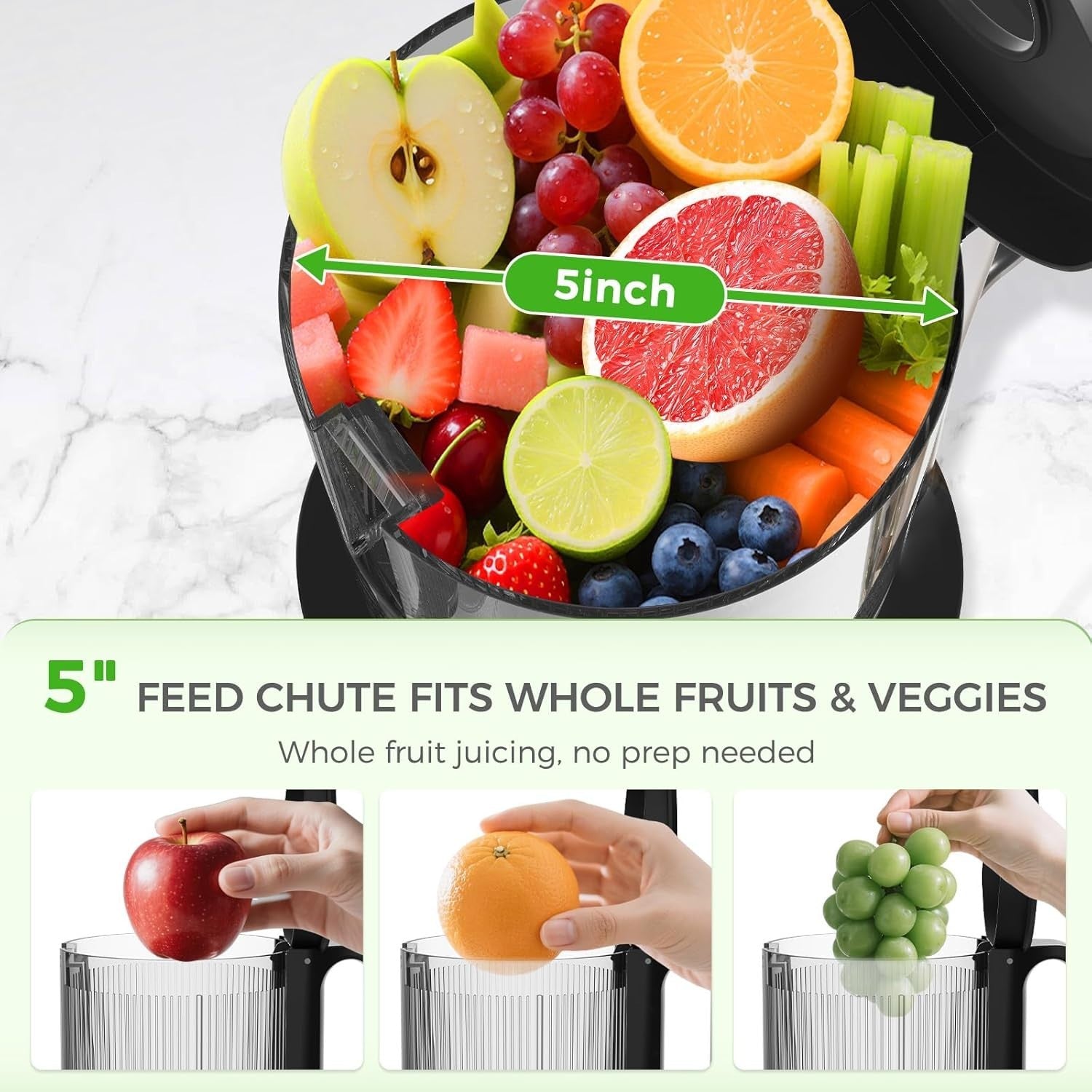 Cold Press Juicer 5in Wide Feed Chute Whole Fruit High Yield Easy Clean