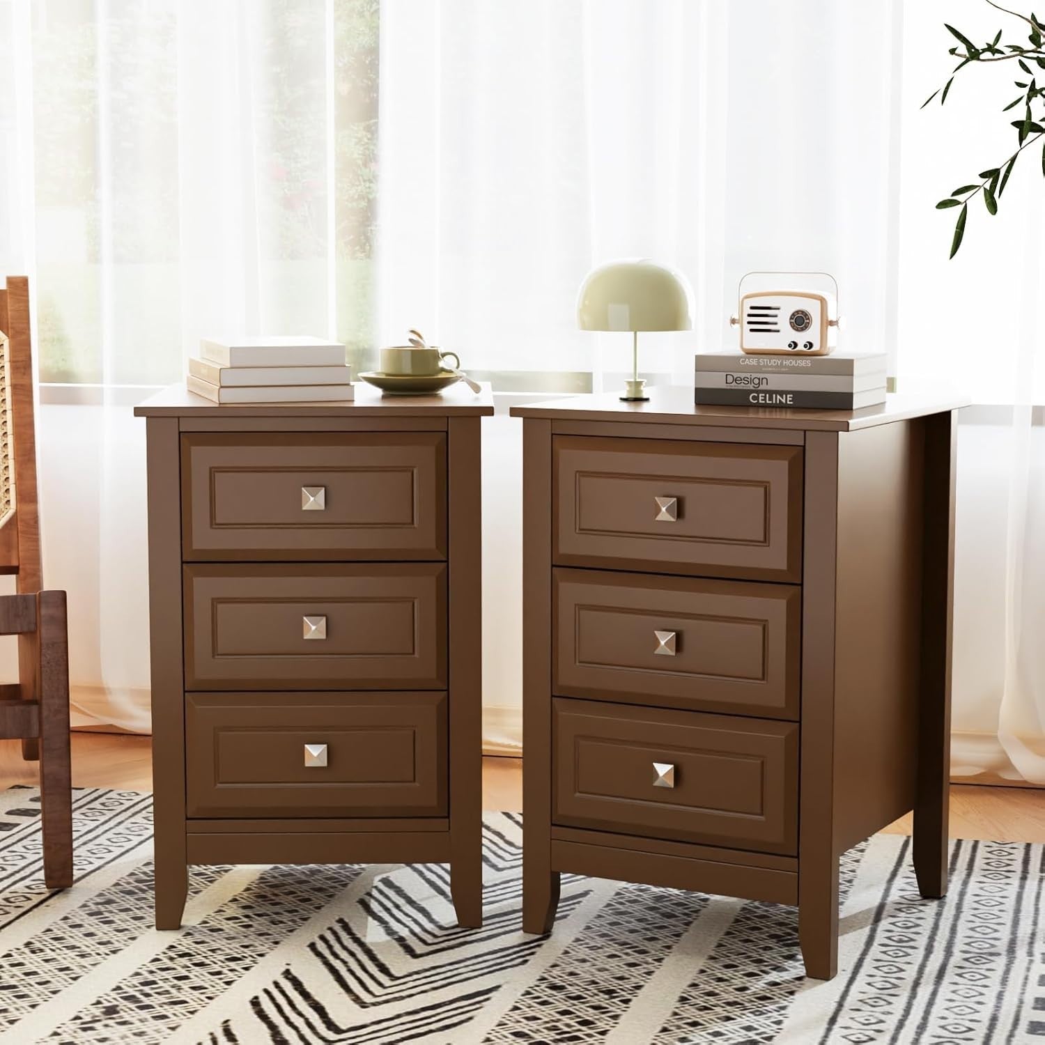 Modern Brown Bedside Table with 3 Drawers – Wooden Nightstand Cabinet