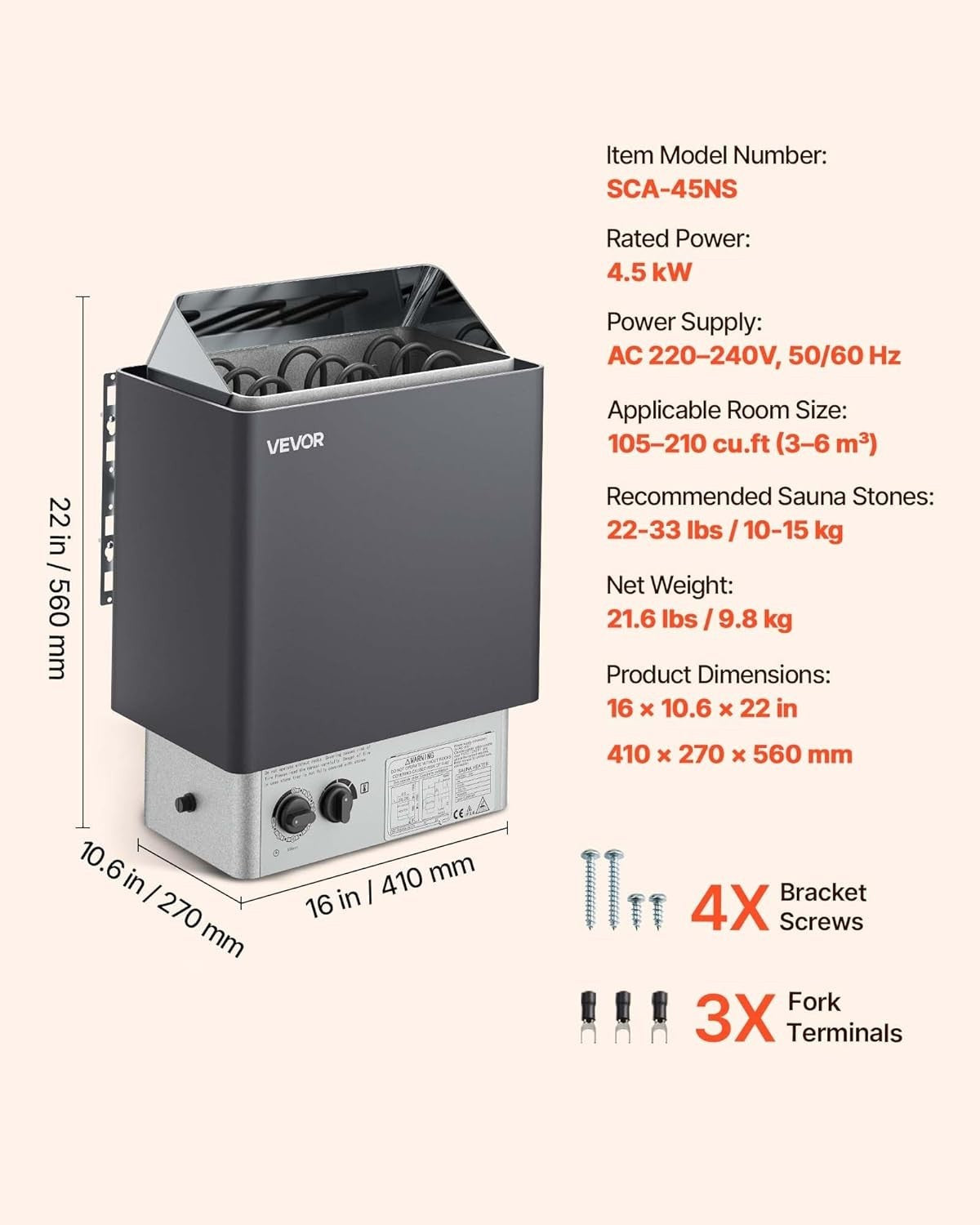 4.5KW Electric Sauna Heater 220V w/ Timer & Adjustable Temp – 3-6m³ Room