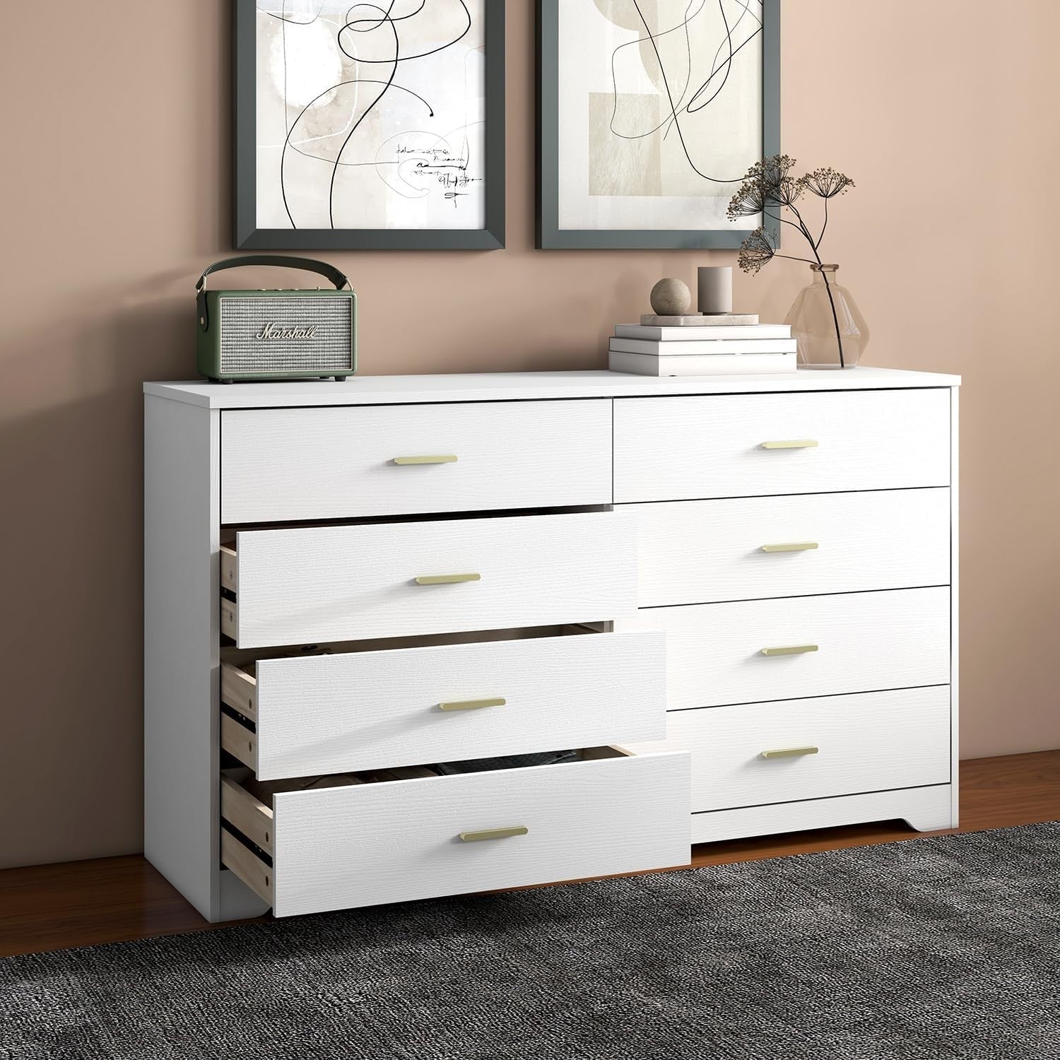 White 8 Drawer Wide Chest Storage Dresser Gold Handles Bedroom Unit
