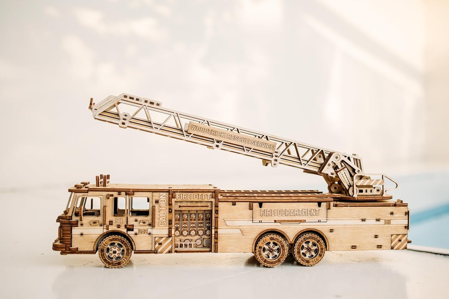 3D Wooden Firetruck Puzzle Model Kit with Extendable Ladder, Mechanical