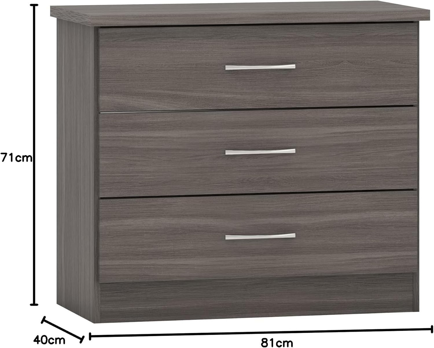 Black Wood 3 Drawer Chest Modern Bedroom Storage Unit Soft Close 81cm