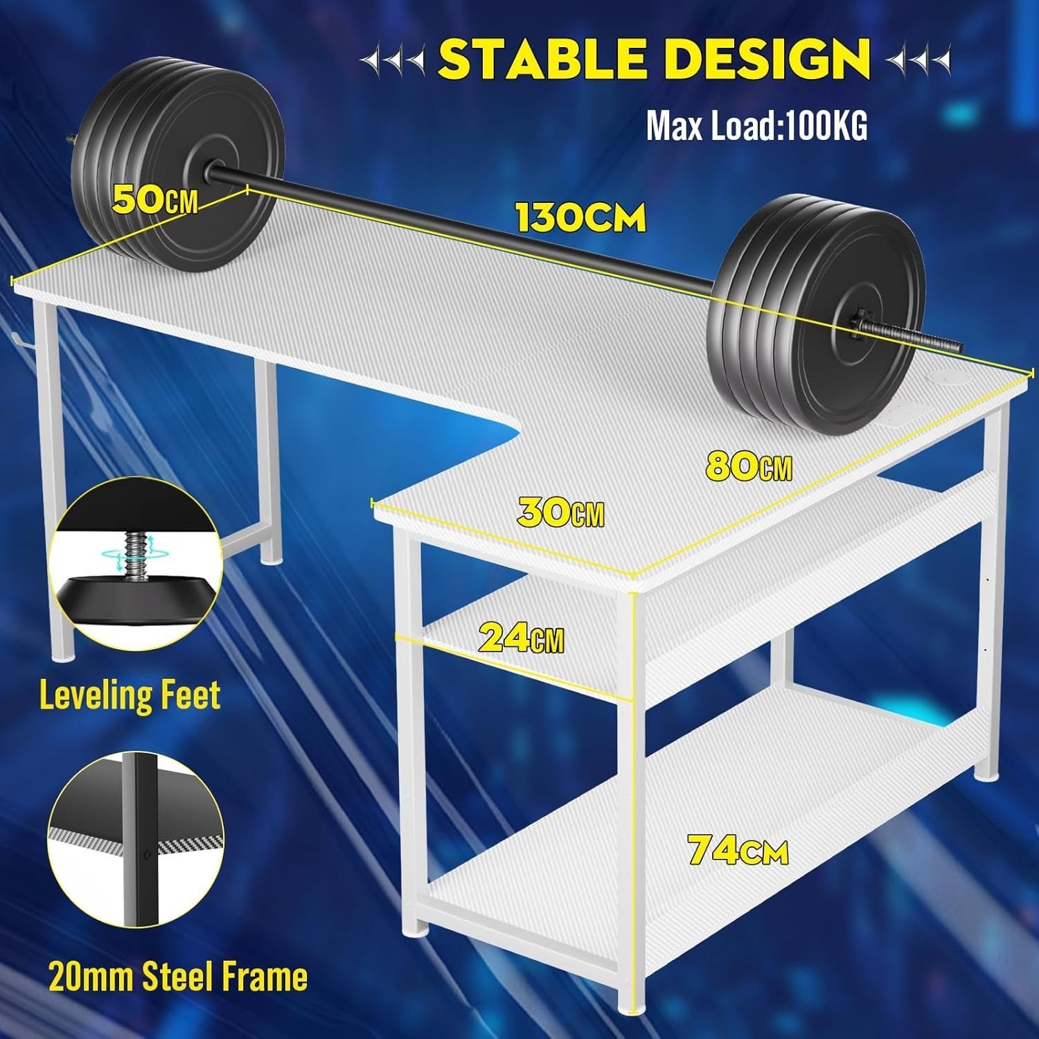L Shaped Gaming Desk 130x80cm with USB Ports & Shelves – Corner Workstation