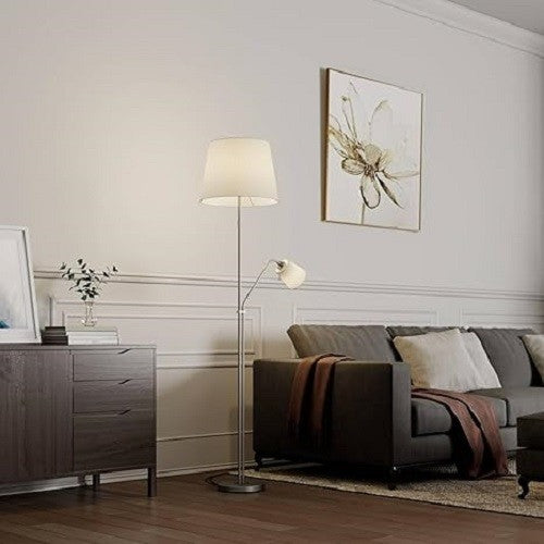 Modern Floor Lamp White Fabric Shade Standing Reading Light Satin Nickel