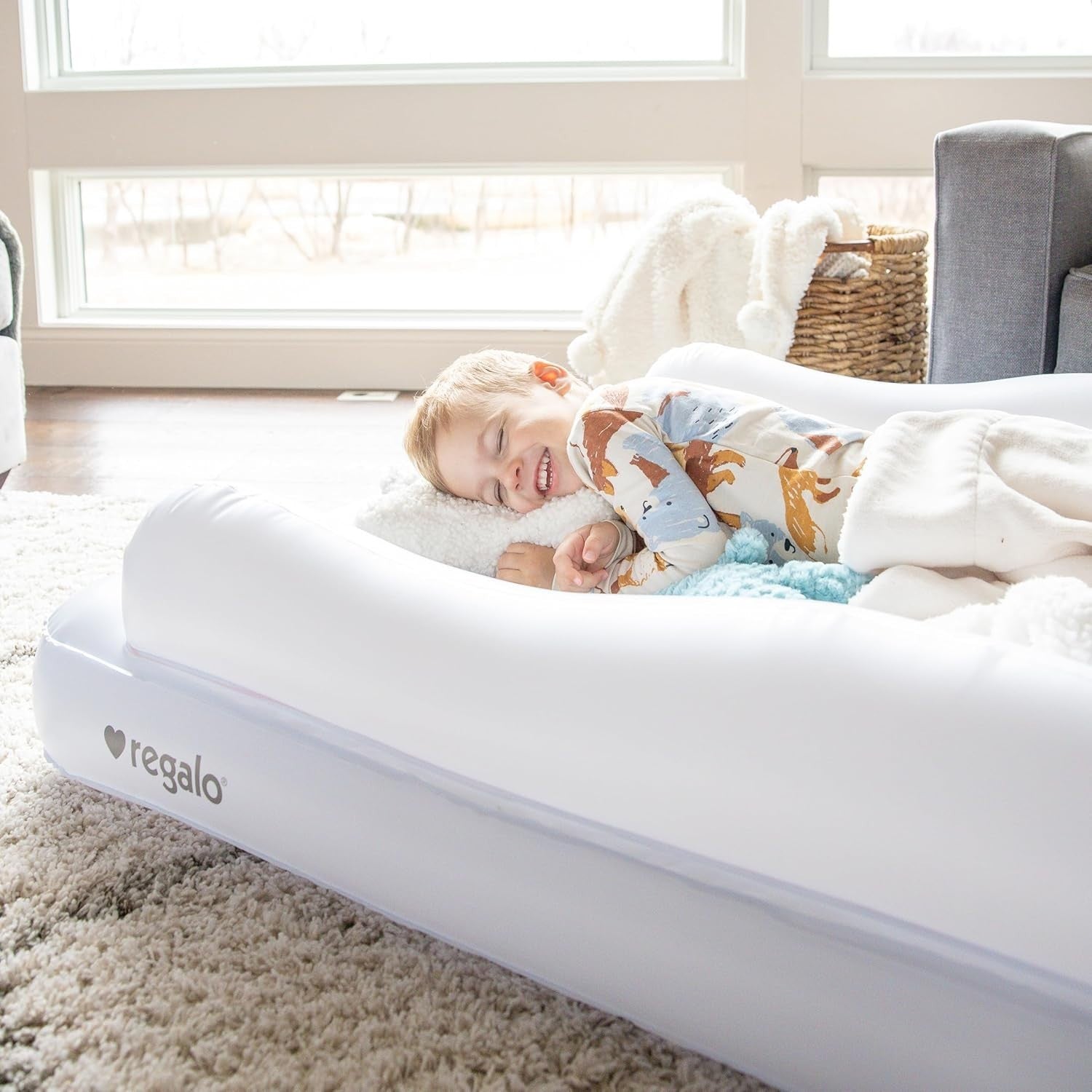 Inflatable Toddler Travel Bed with Safety Rails & Air Pump, Portable Kids Mattre