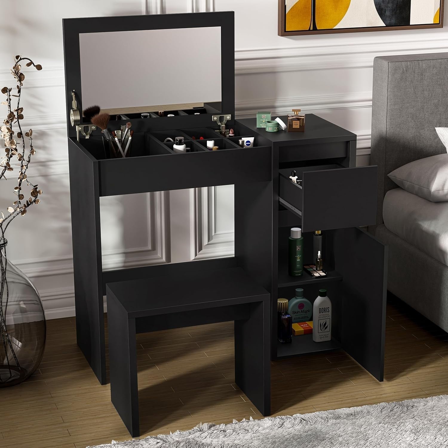 2-in-1 Black Dressing Table Flip Top Mirror Vanity Desk Makeup Storage 81cm