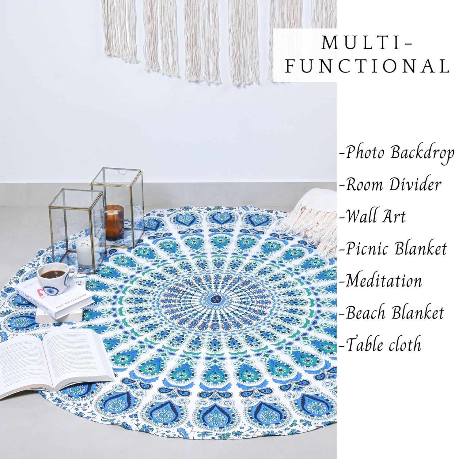 Sky Blue Peacock Round Tapestry 122cm Boho Wall Hanging Decor