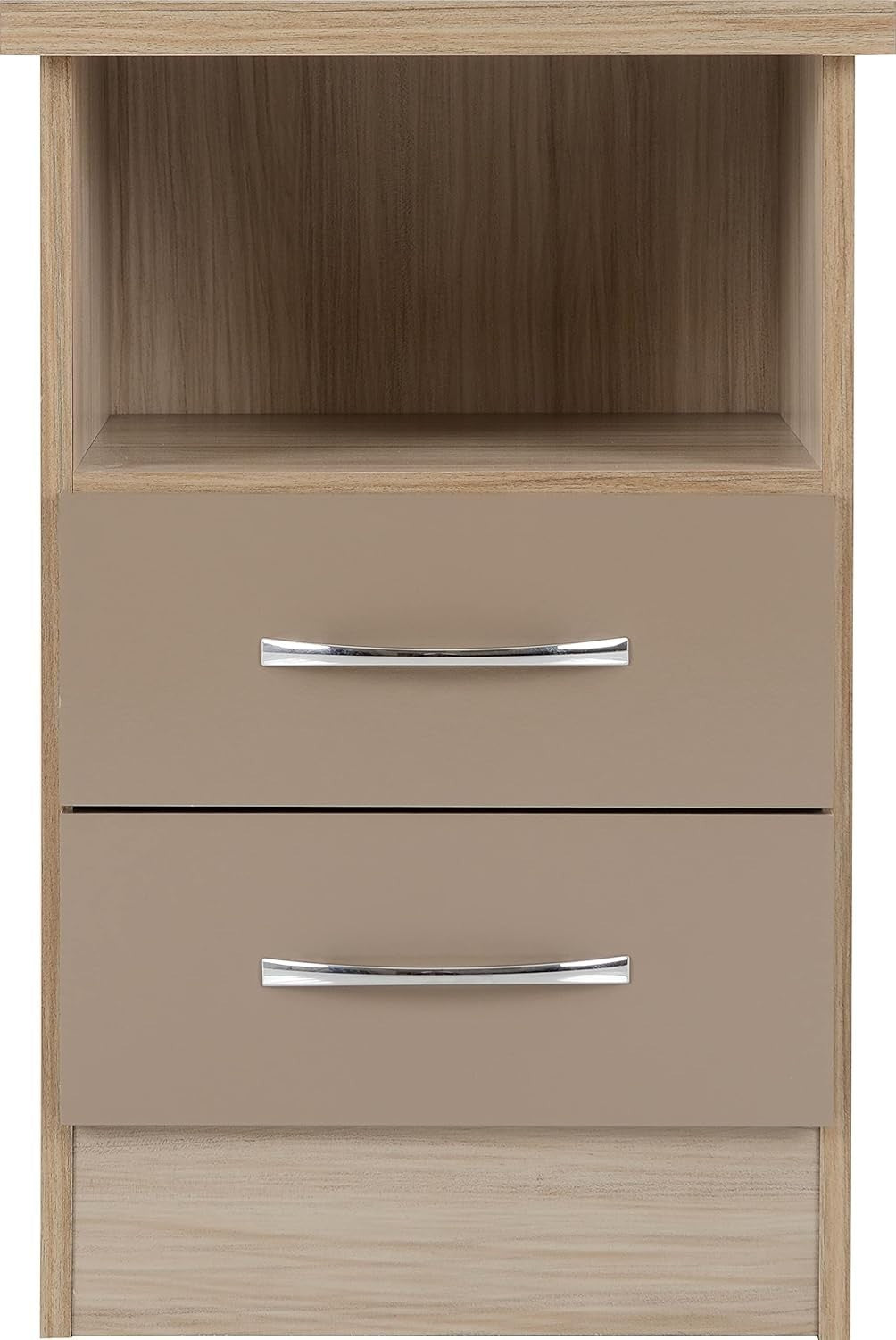 2 Drawer Bedside Table in Oyster Gloss & Light Oak – Modern Nightstand
