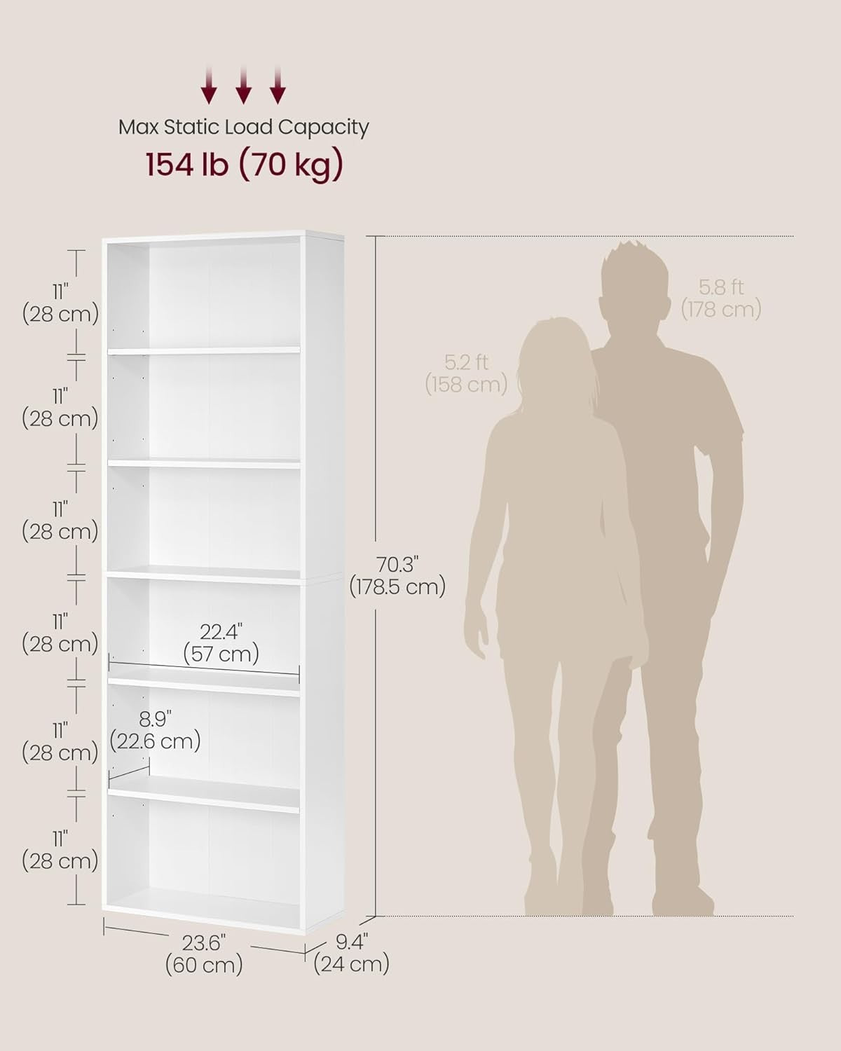 6 Tier White Wooden Bookcase Tall Storage Display Shelf for Living Room Office