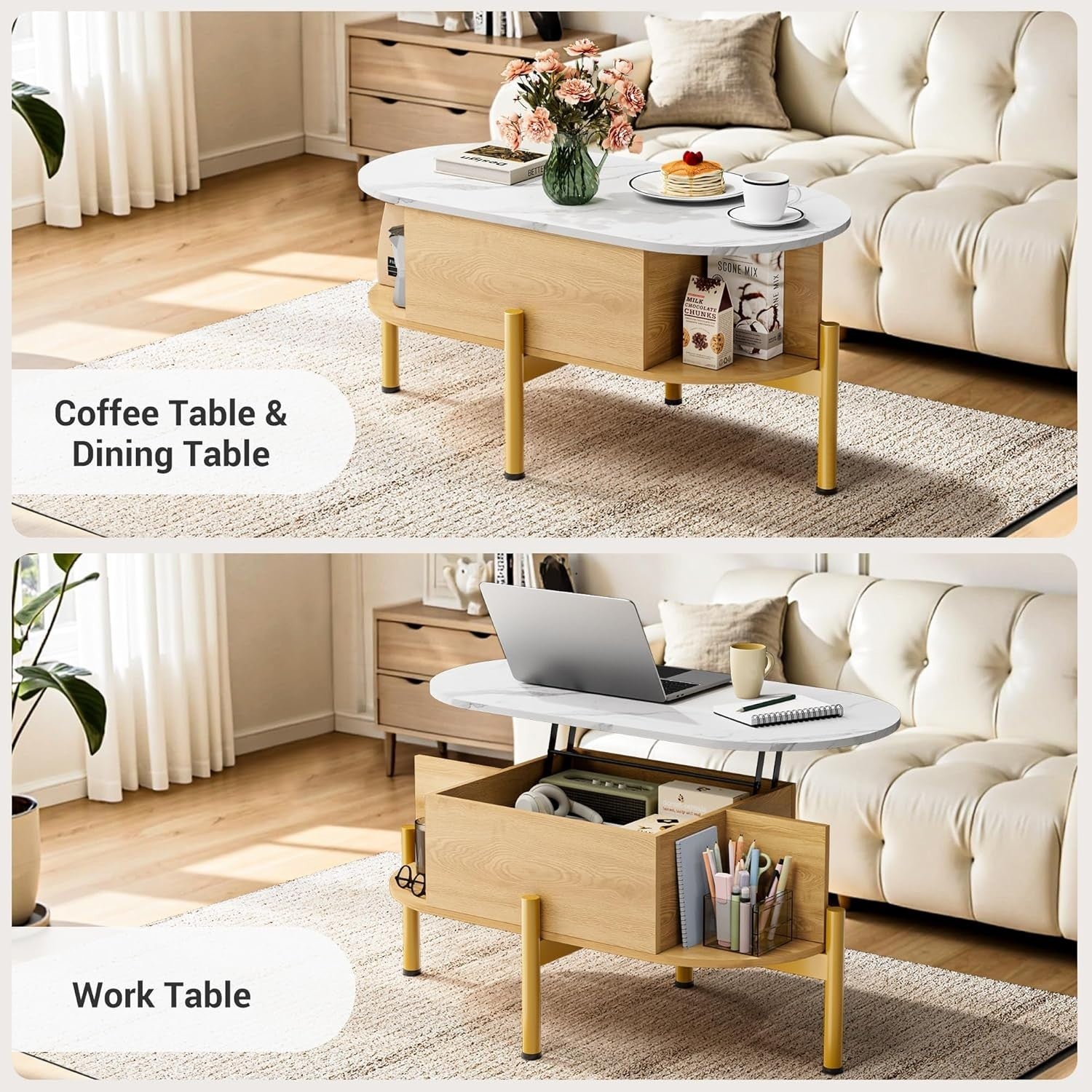 Adjustable Lift Top Coffee Table with Storage & Faux Marble Surface 100x50