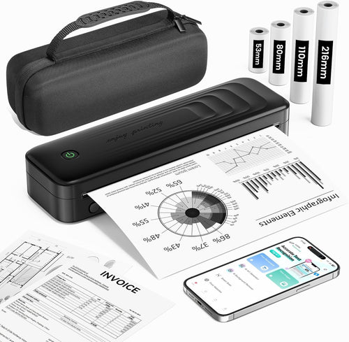 Portable A4 Thermal Printer Black Bluetooth Inkless w/ Case & 4 Paper Rolls