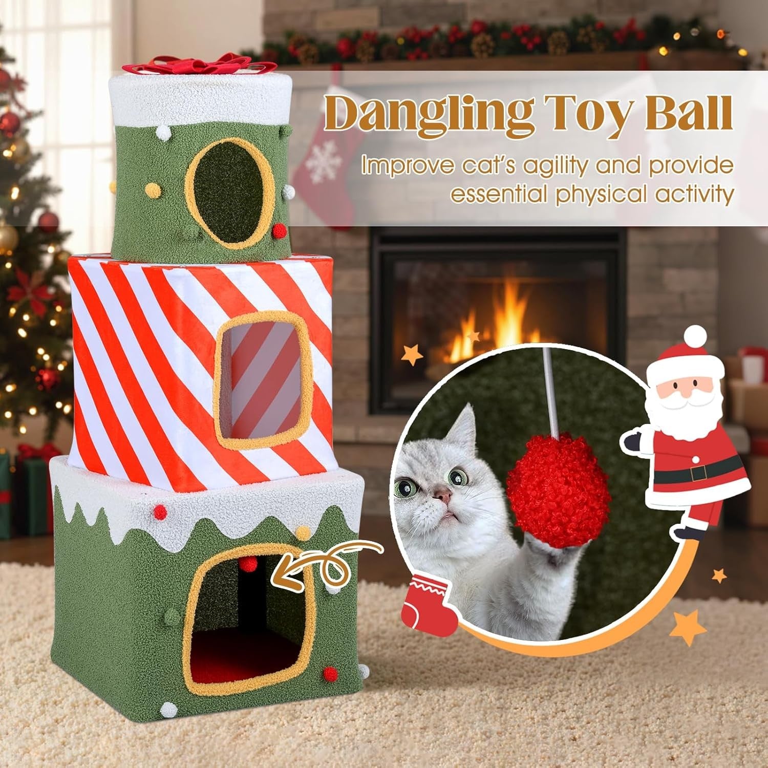 3 Tier Stackable Cat House Condo Green Red White Plush Indoor Cat Hideaway