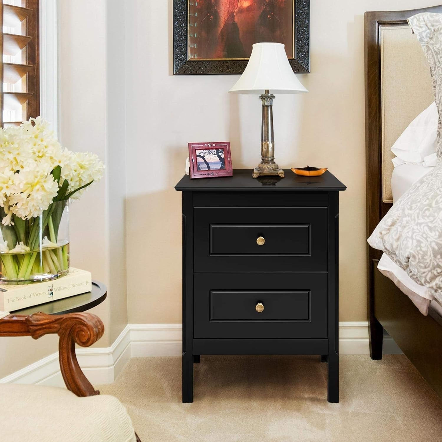 Modern Black Bedside Tables Set of 2 with 2 Drawers, Pine Wood Legs