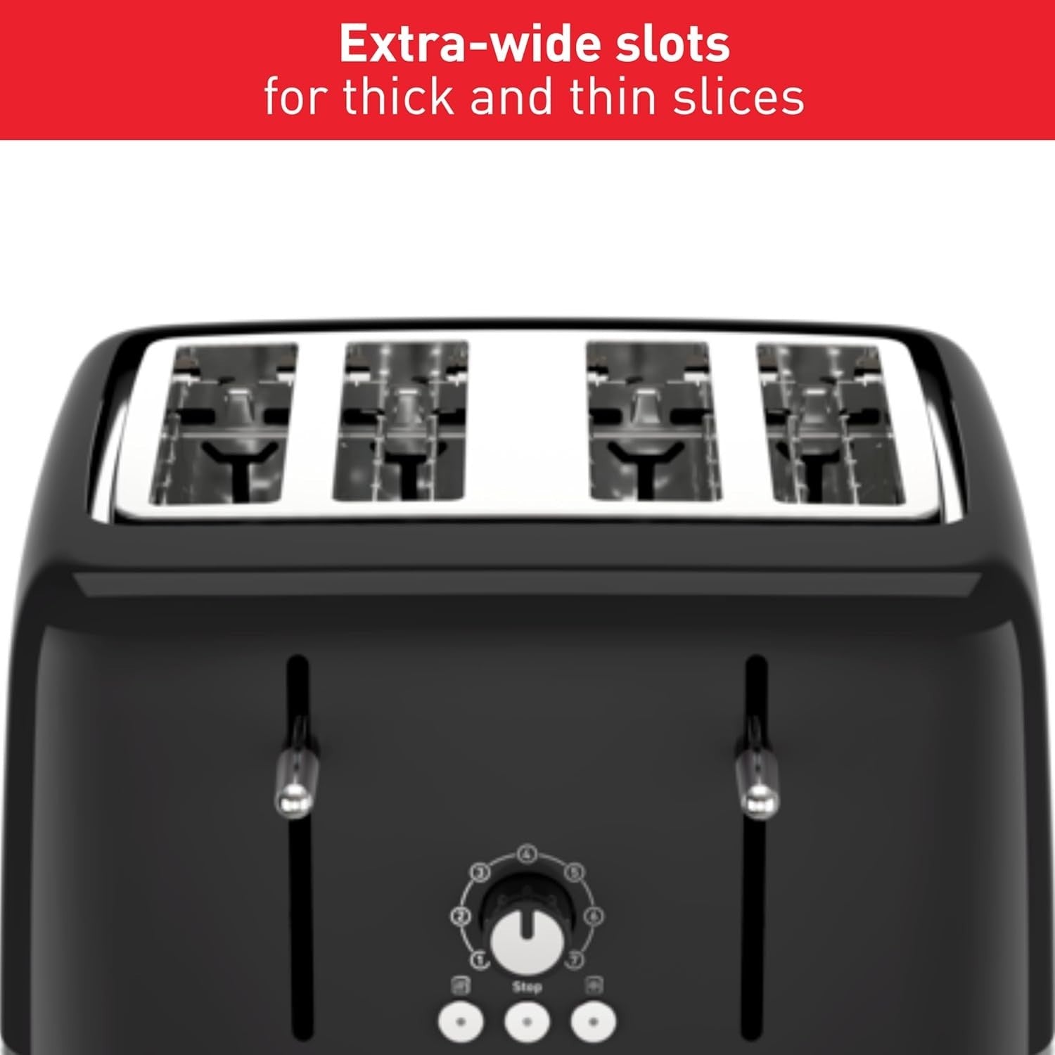 4-Slice Black Toaster, 7 Browning Levels, Wide Slots, Defrost & Reheat