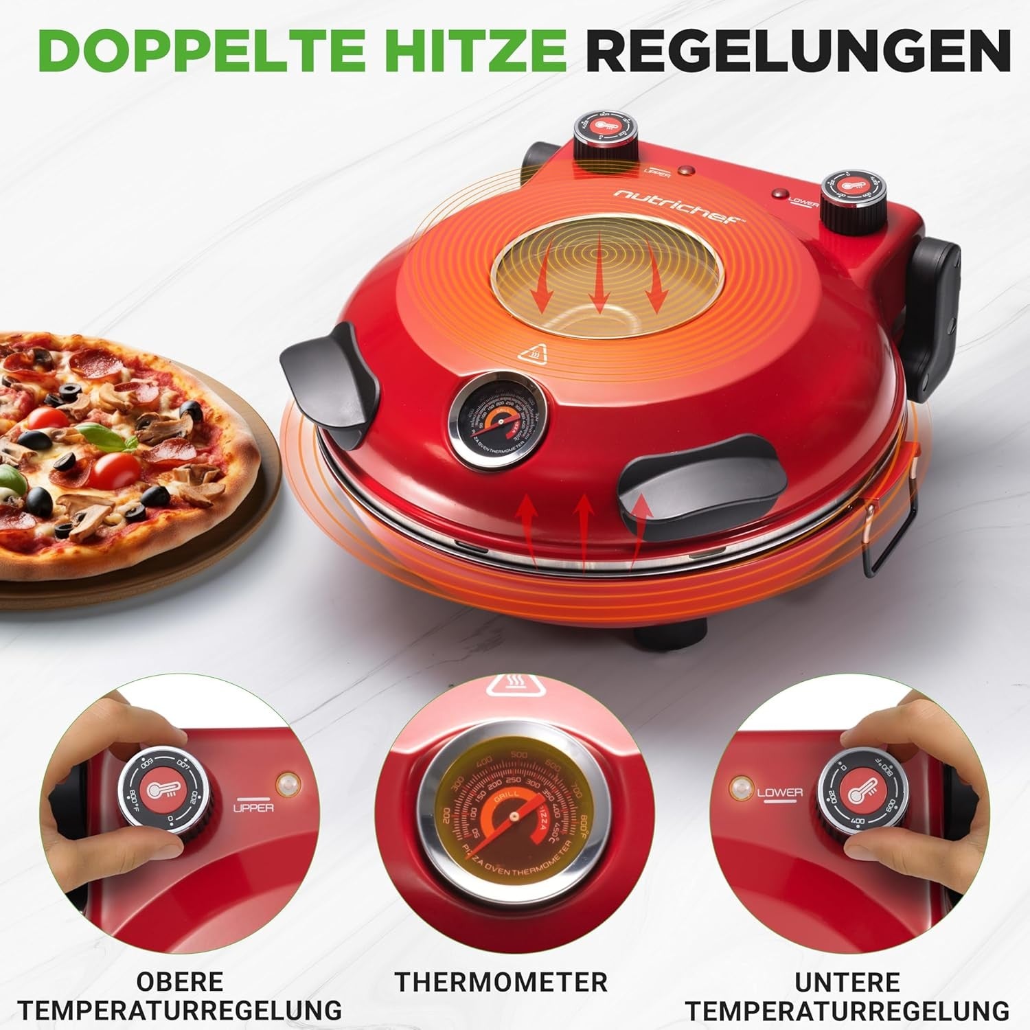 Electric Pizza Oven 30cm 425°C Countertop Maker Non-Stick Stone Red 1200W