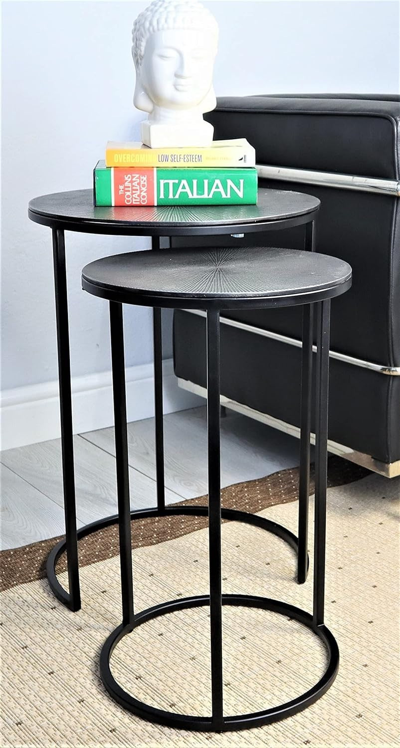 Round Accent Side Table Antique Silver Black Cast Aluminum Metal Top
