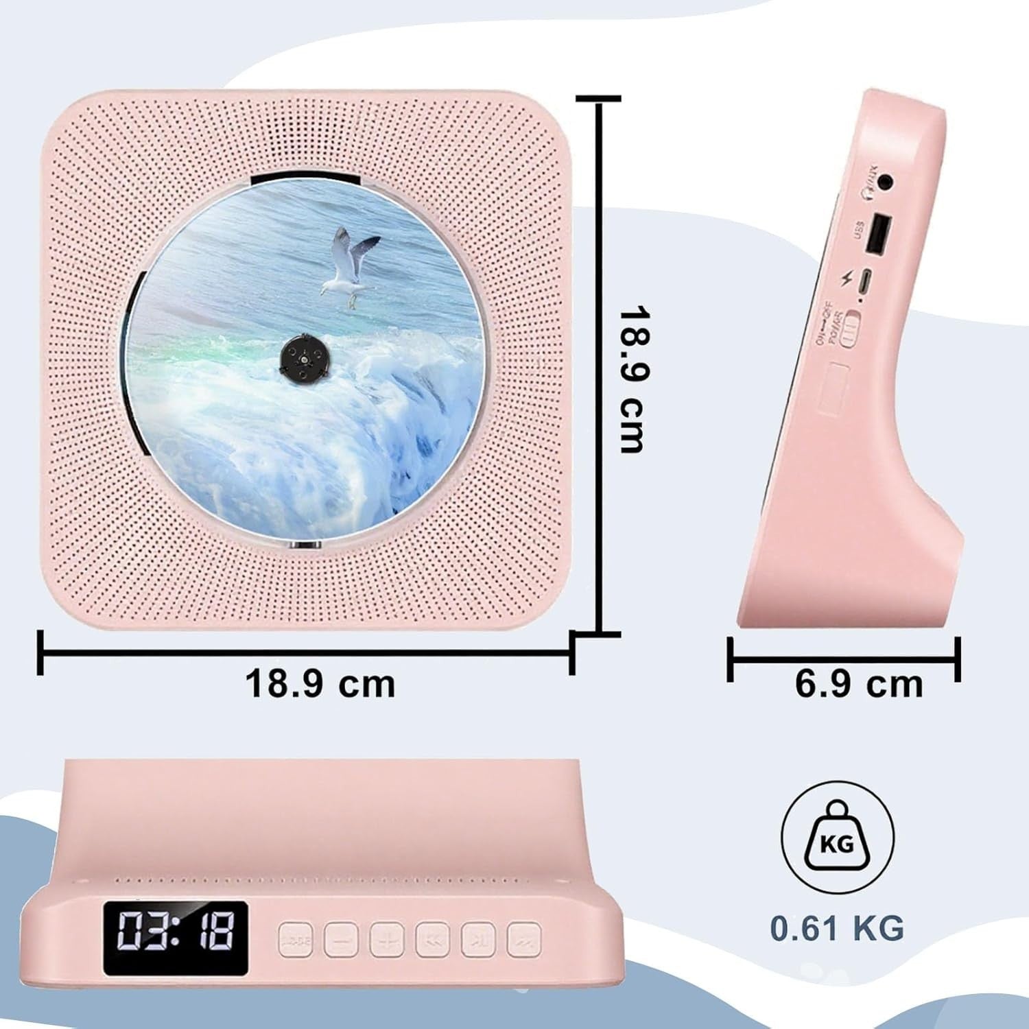 Pink Bluetooth CD Player FM Radio USB AUX Boombox Remote Sleep Timer