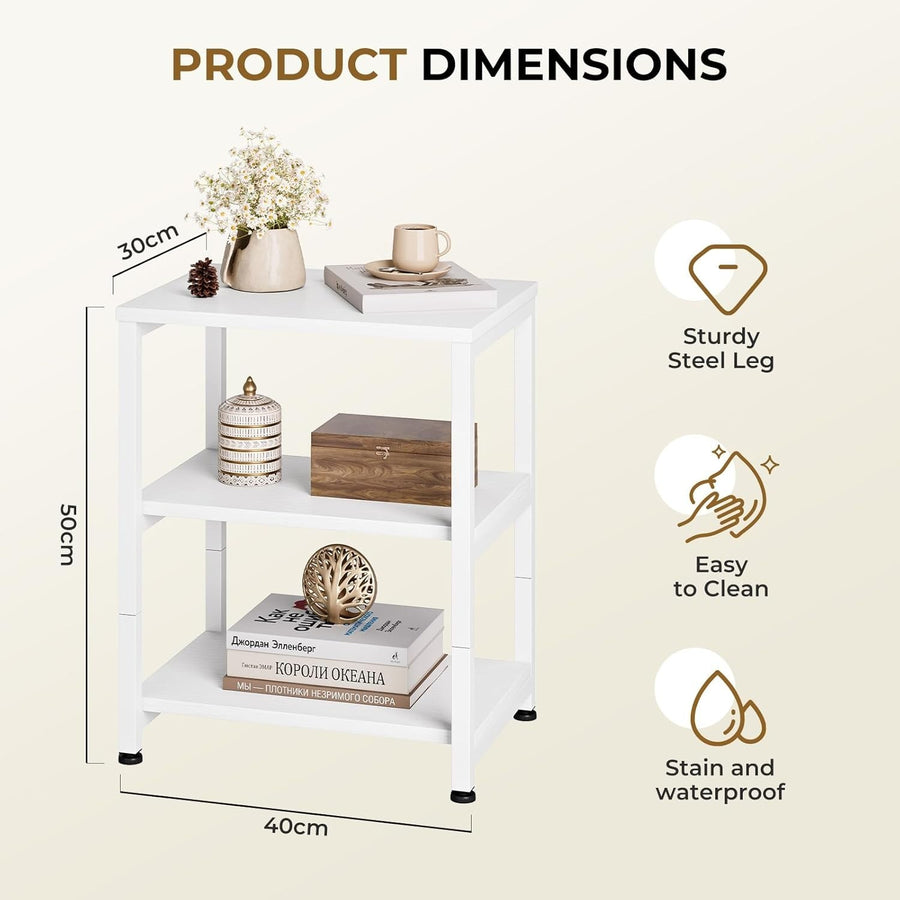 Slim 3-Tier White Side Table – Narrow Bedside, Sofa or End Table Storage