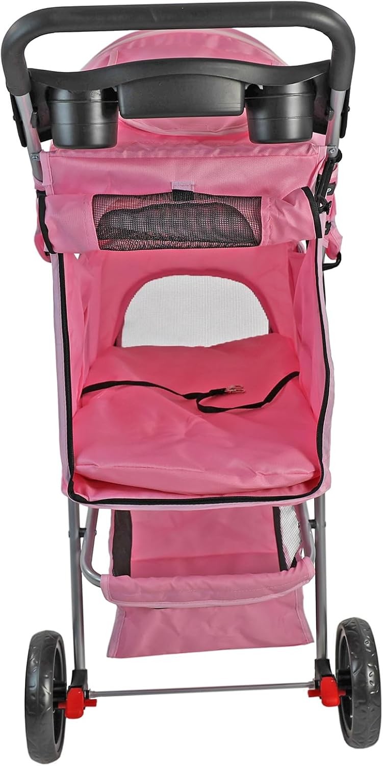 Pink Foldable Pet Stroller 4 Wheel Puppy Pushchair Weather Canopy 15kg