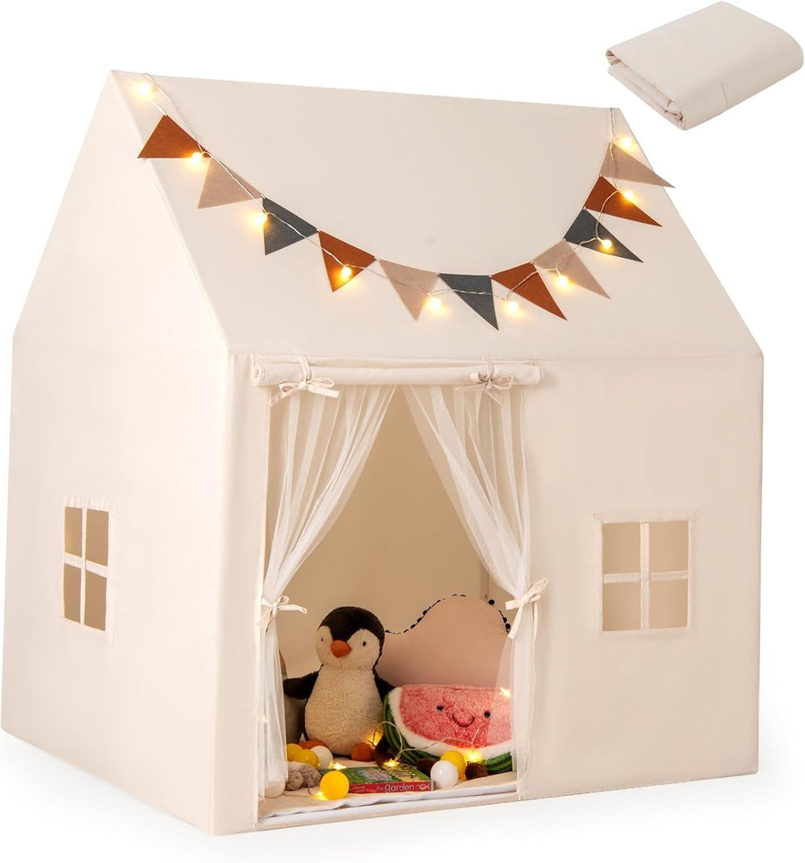 Kids Castle Playhouse Tent Indoor Outdoor w Lights Non Slip Mat Flags