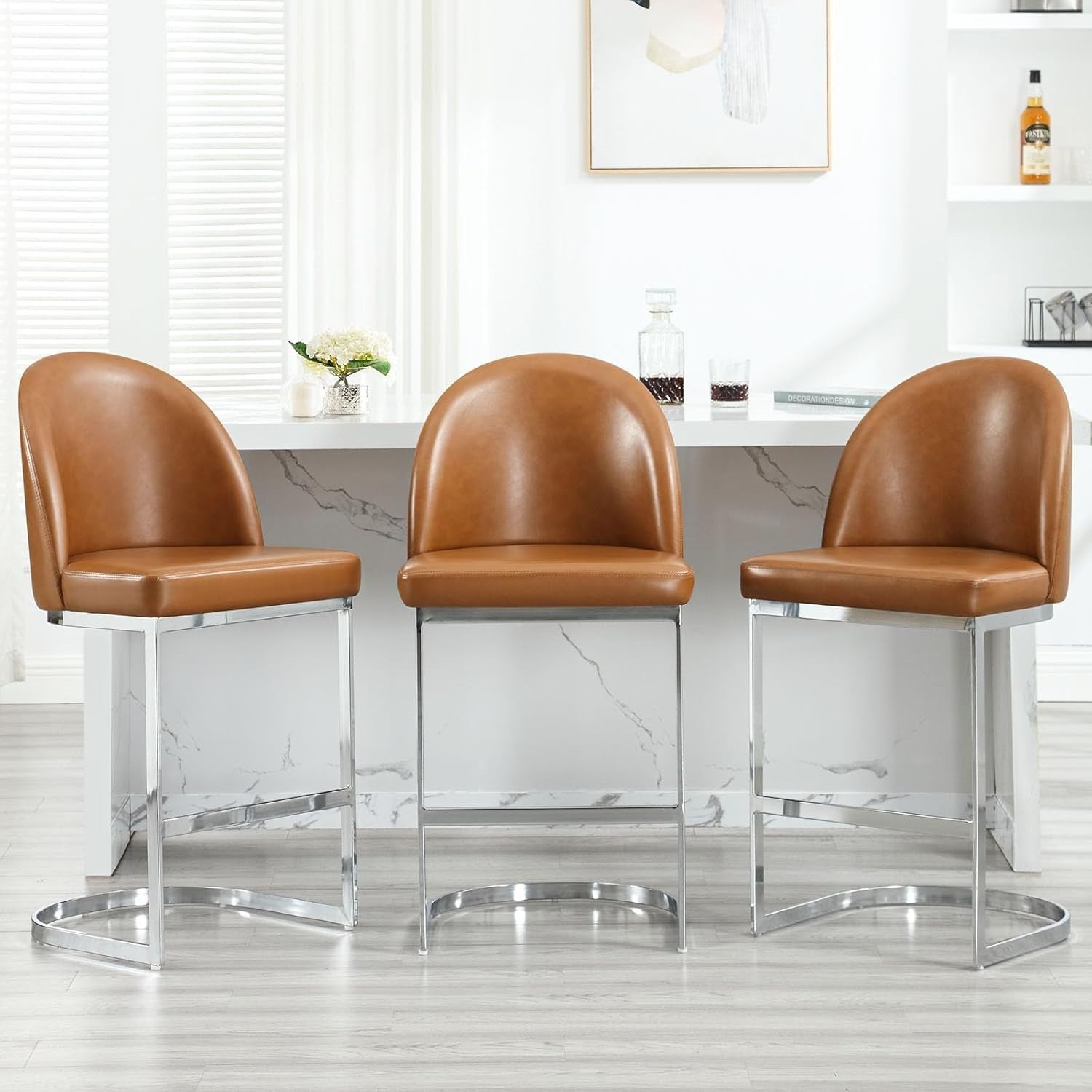Brown PU Leather Bar Stools Set of 2 Swivel Kitchen Counter with Arms