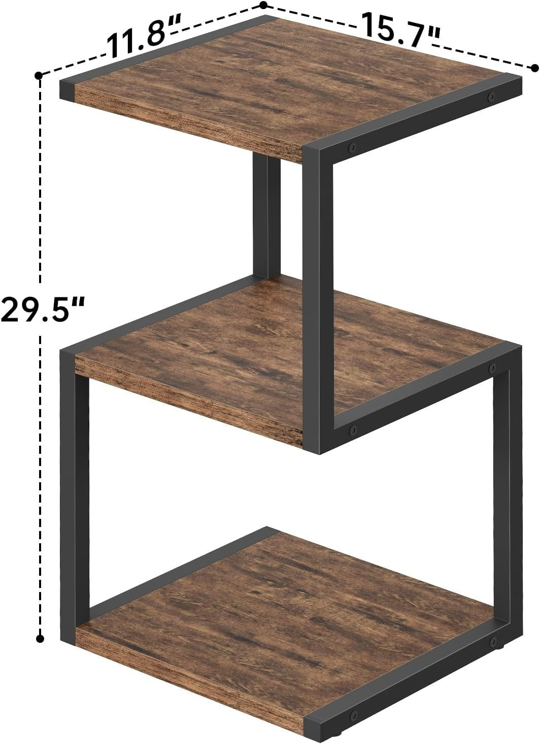 3-Tier S-Shape Side Table with Storage | Compact Rustic Brown Nightstand 40x30x7