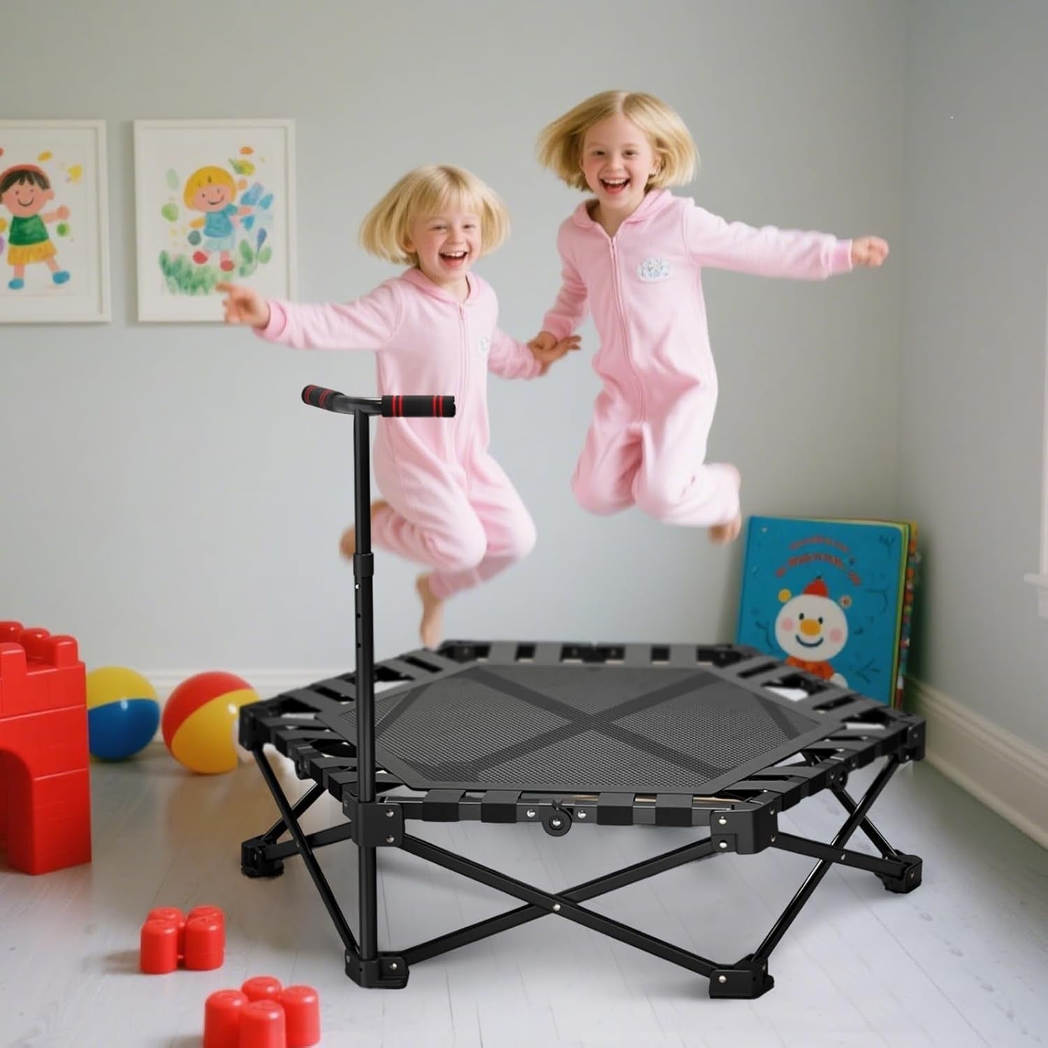 42” Fitness Trampoline Rebounder Adjustable Handle One-Click Fold 300KG
