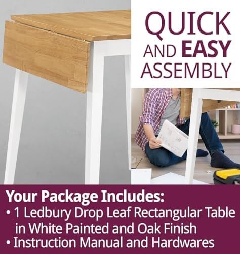 Small Drop Leaf Folding Table White & Oak Space-Saving Kitchen Dining