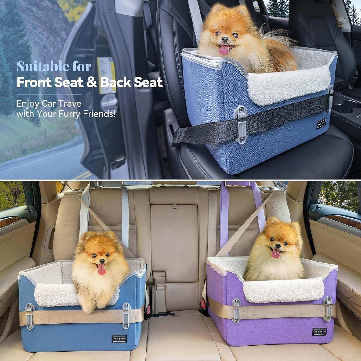 Dog Booster Car Seat Adjustable Height Travel Bed Safety Leashes Blue
