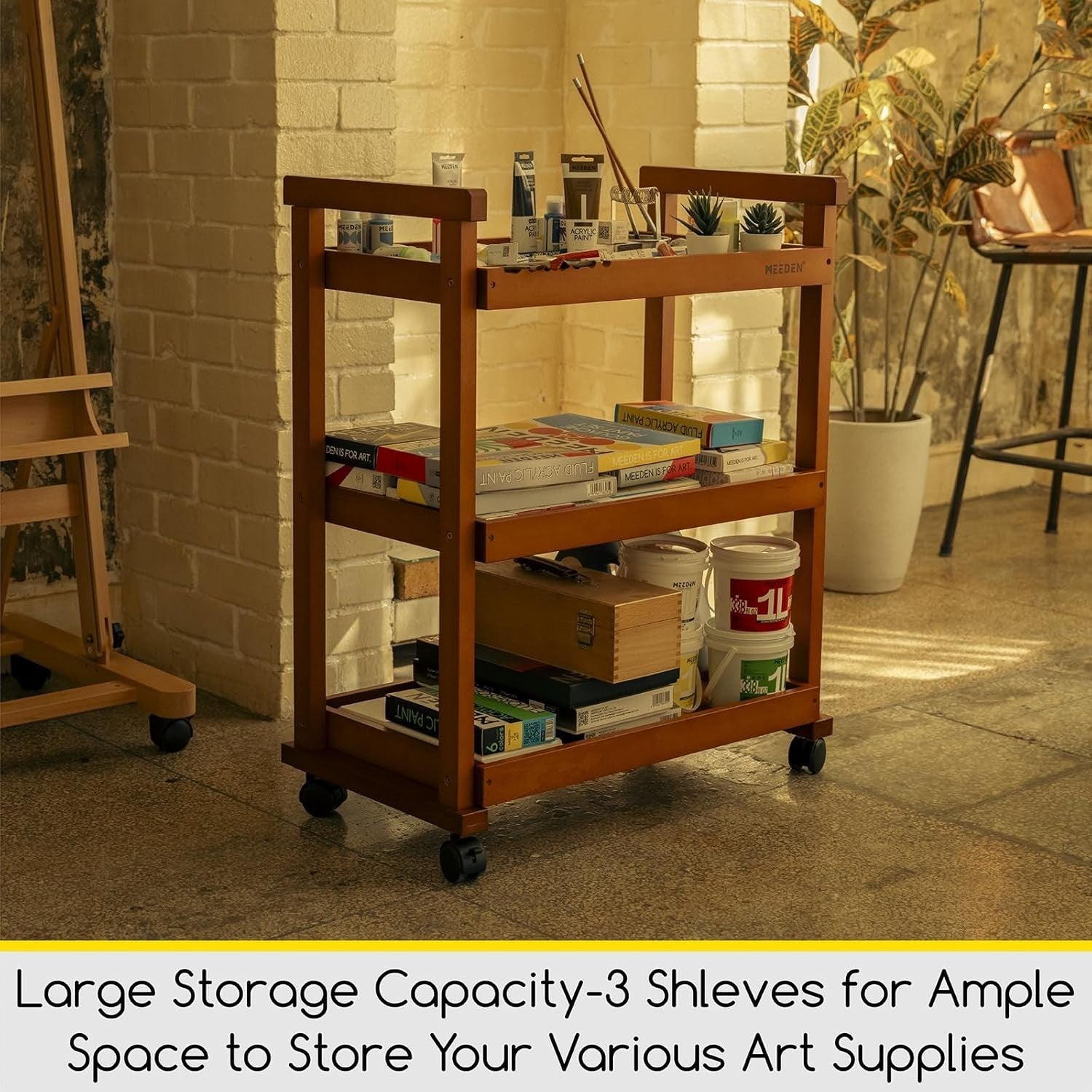 3 Tier Wooden Art Storage Trolley Rolling Craft Cart with Wheels Beech