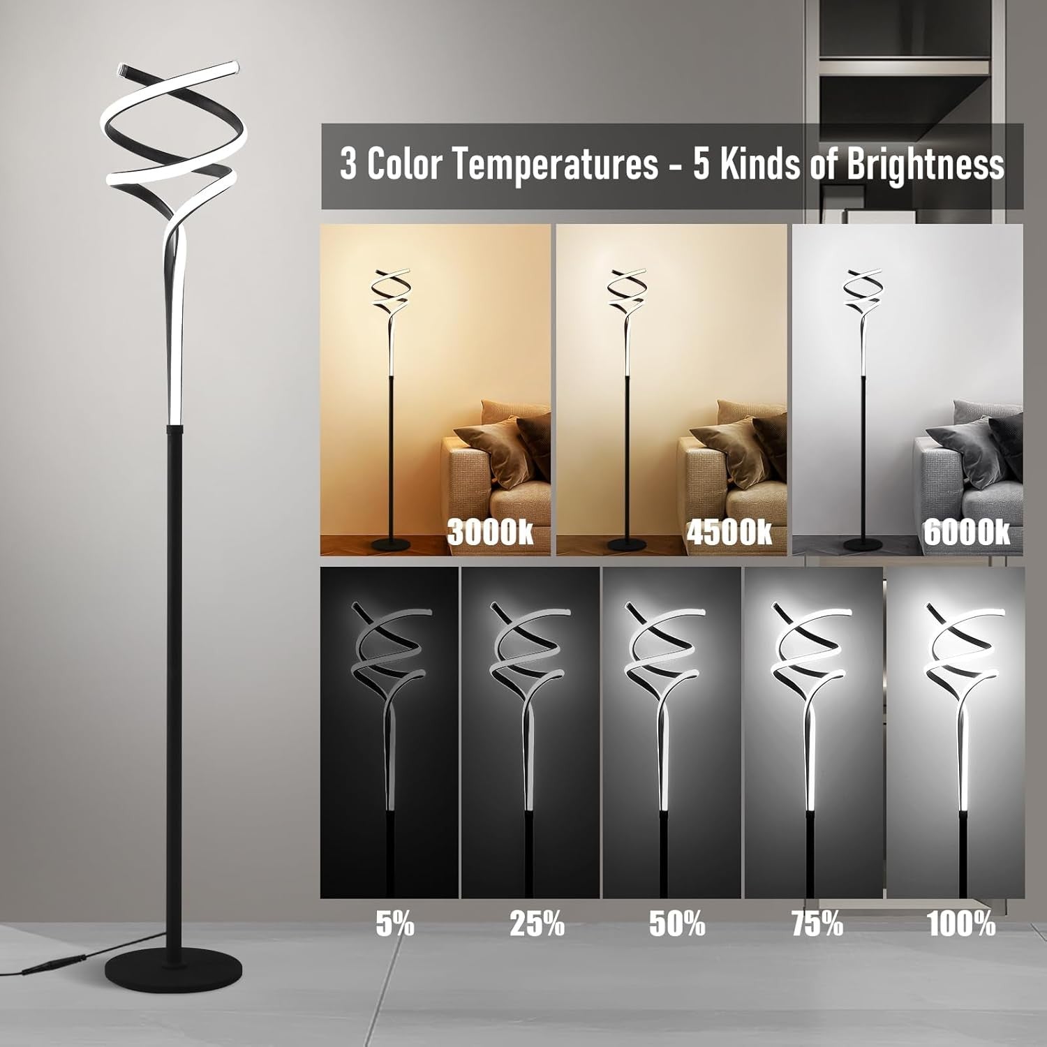Modern LED Floor Lamp Black Spiral Design Dimmable Remote Standing Light