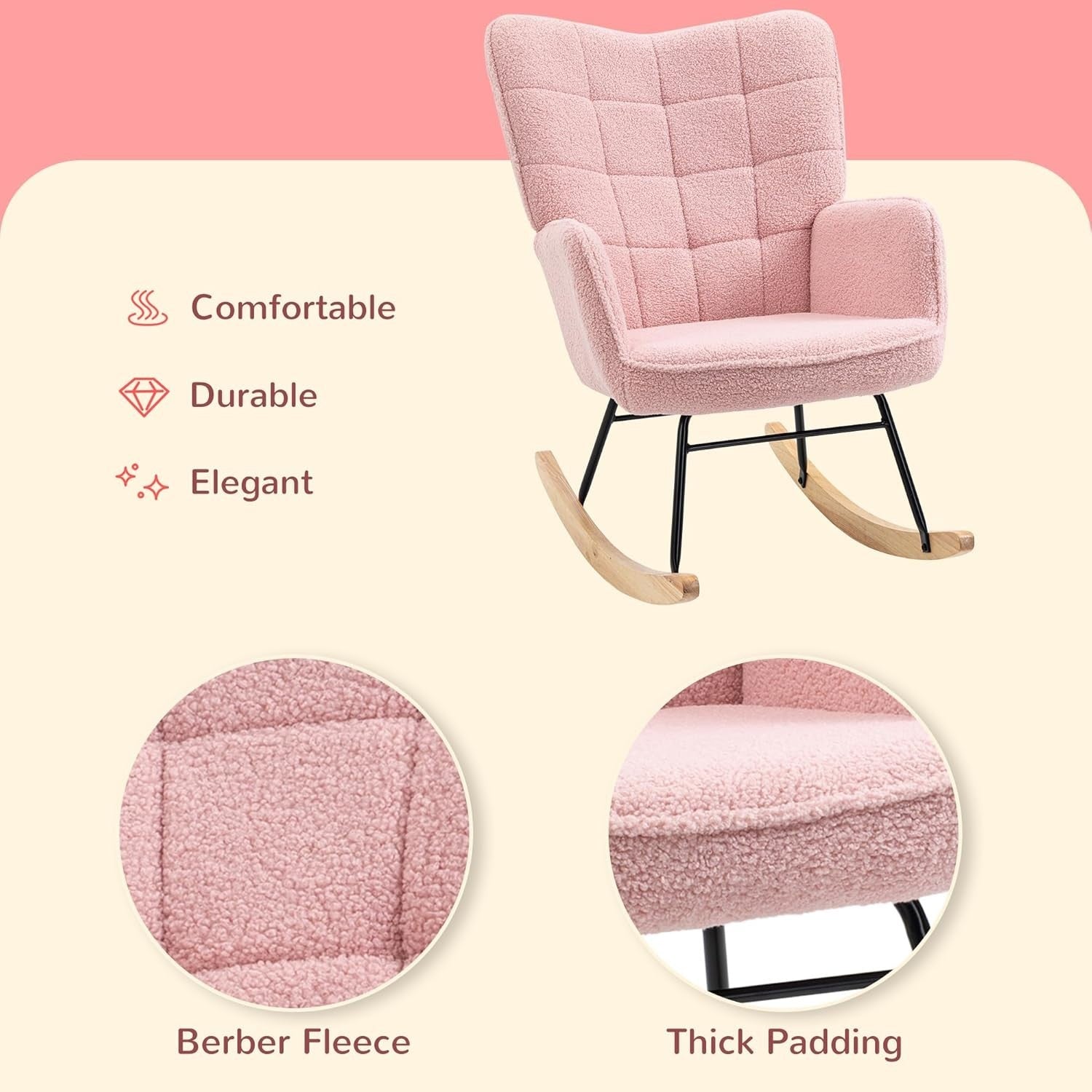 Pink Rocking Chair for Nursery, Tufted Armchair Fleece Upholstery, 71x98cm