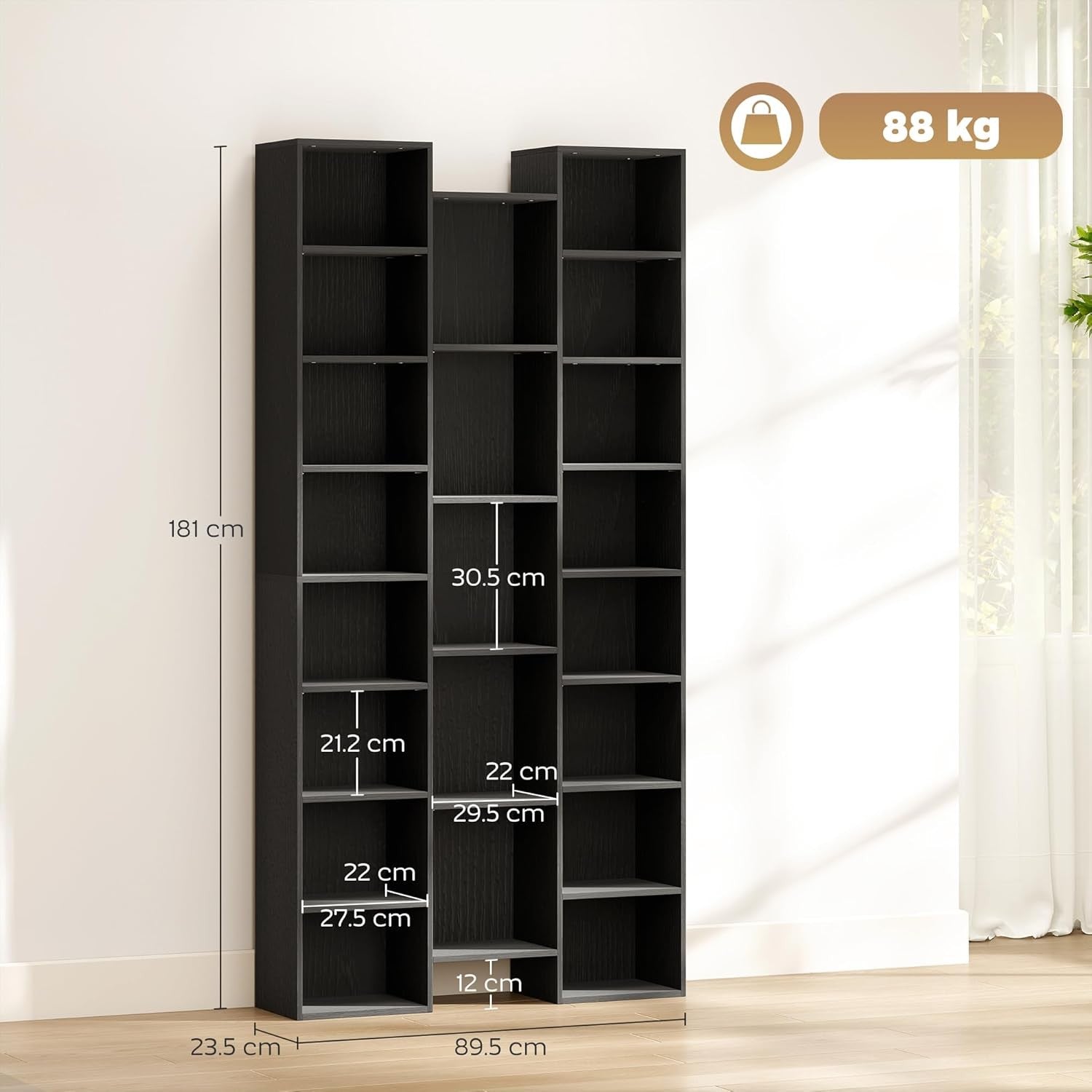 Tall 21-Cube Bookcase Black Adjustable Shelves Modern Storage Unit for Home Offi