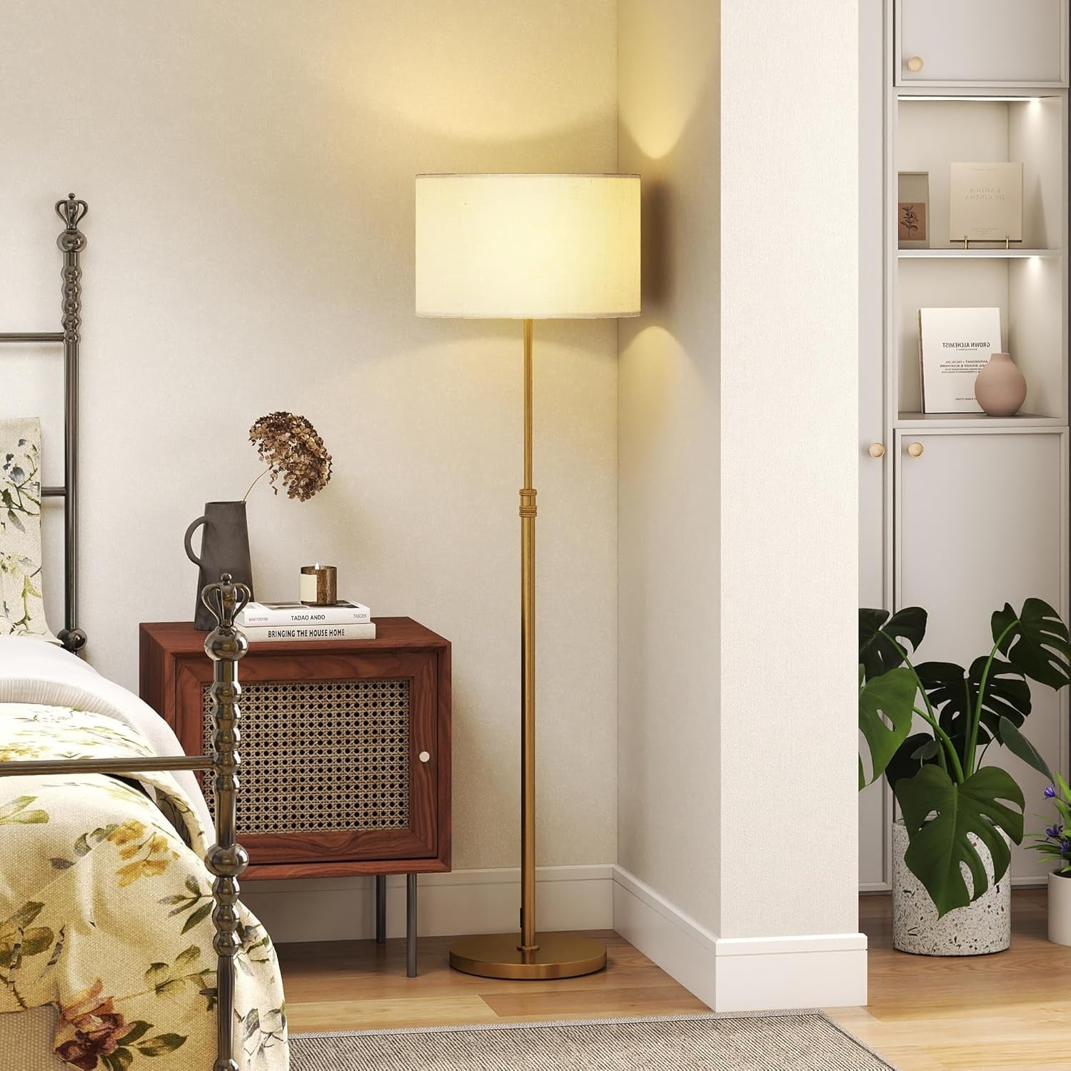 Dimmable Floor Lamp with Remote Height Adjustable Linen Shade Gold