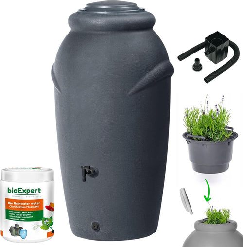210L Amphora Water Butt With Tap Diverter Bio Cleaner Anthracite Garden
