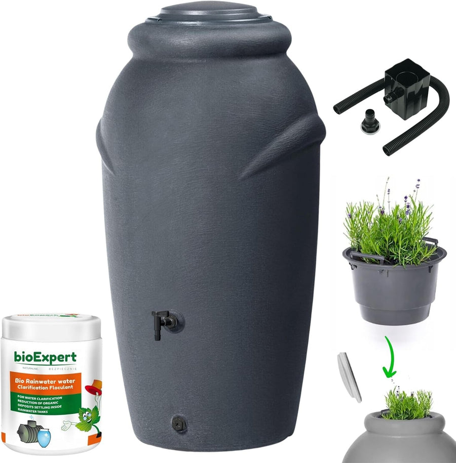 210L Amphora Water Butt With Tap Diverter Bio Cleaner Anthracite Garden
