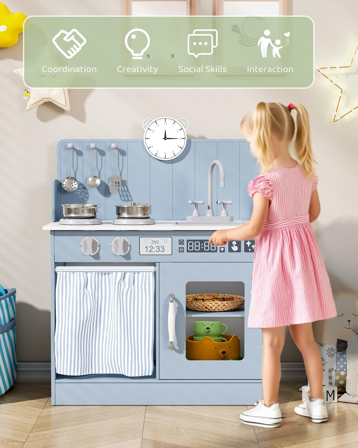 Wooden Kids Play Kitchen Blue Cooker Sink Toy Set w Storage & Clock