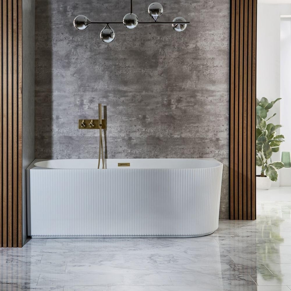 White Left Hand Fluted Corner Bath 1700x800mm Brass Overflow