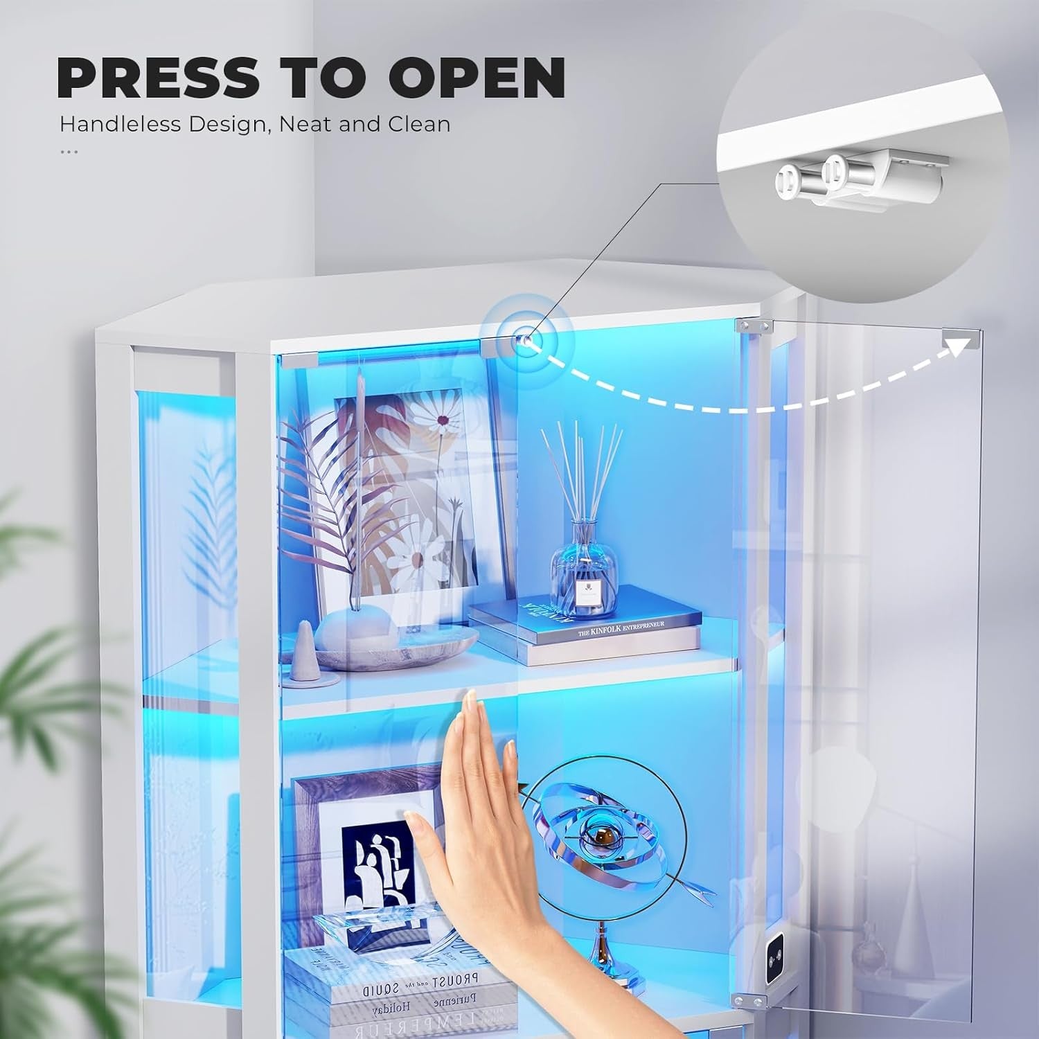 65" LED Corner Display Cabinet Glass Shelves Sensor Light Modern Storage White