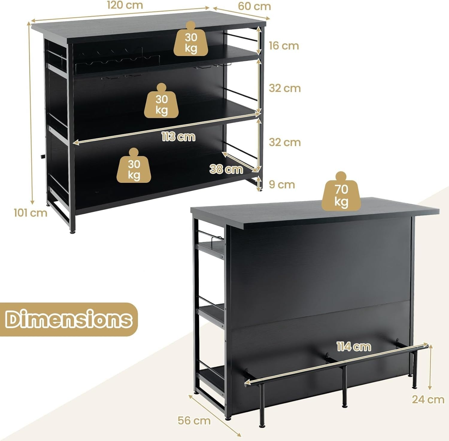 Industrial Kitchen Island Bar Table with Wine Rack Black 120x60cm