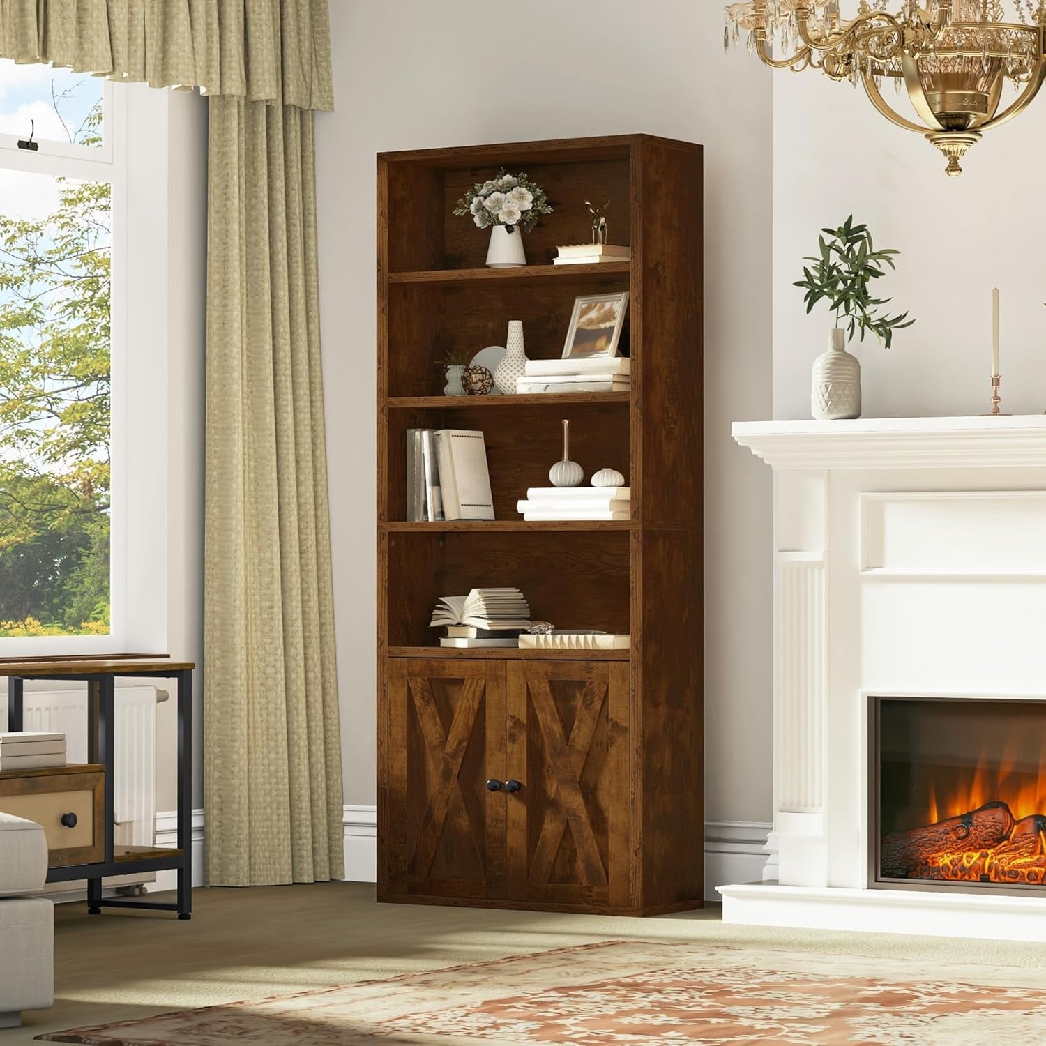 Tall Rustic Brown Bookcase | 5-Tier Storage Shelf with Doors for Living Room