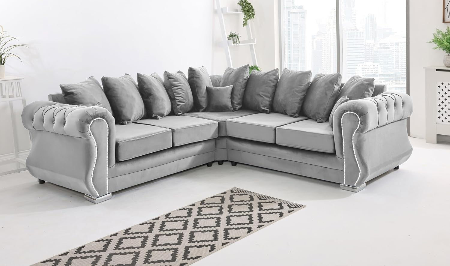 Plush Velvet 5 Seater Corner Sofa with Foam Cushions & Button Tufted - Silver