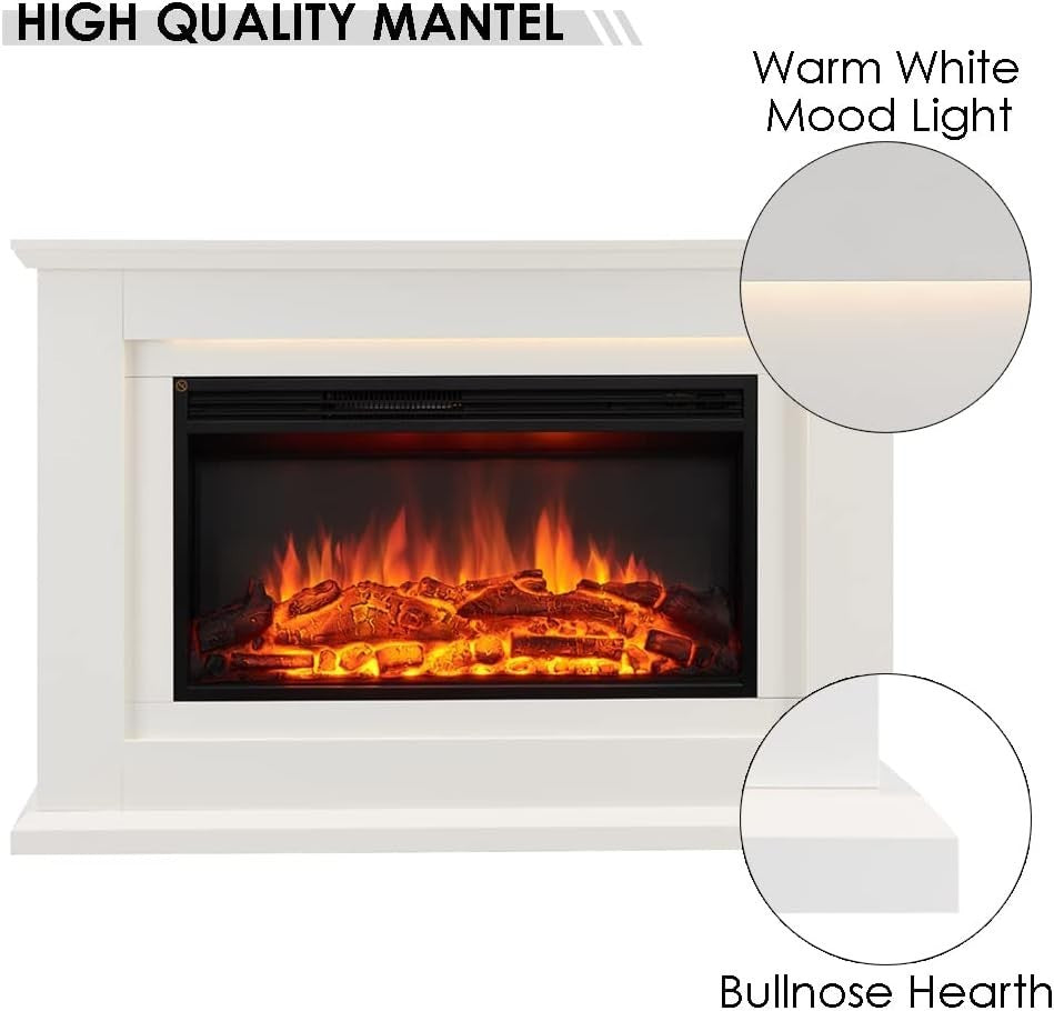 47” White Electric Fireplace Freestanding LED Flame 2kW Heater Remote