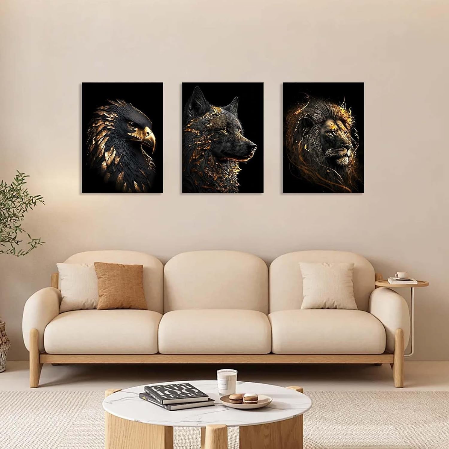 Set of 3 Black Gold Animal Canvas Wall Art 12x16 Framed Wolf Lion Eagle