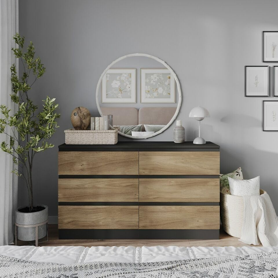 Modern 6 Drawer Chest Black Oak Bedroom Storage Cabinet Wood Unit