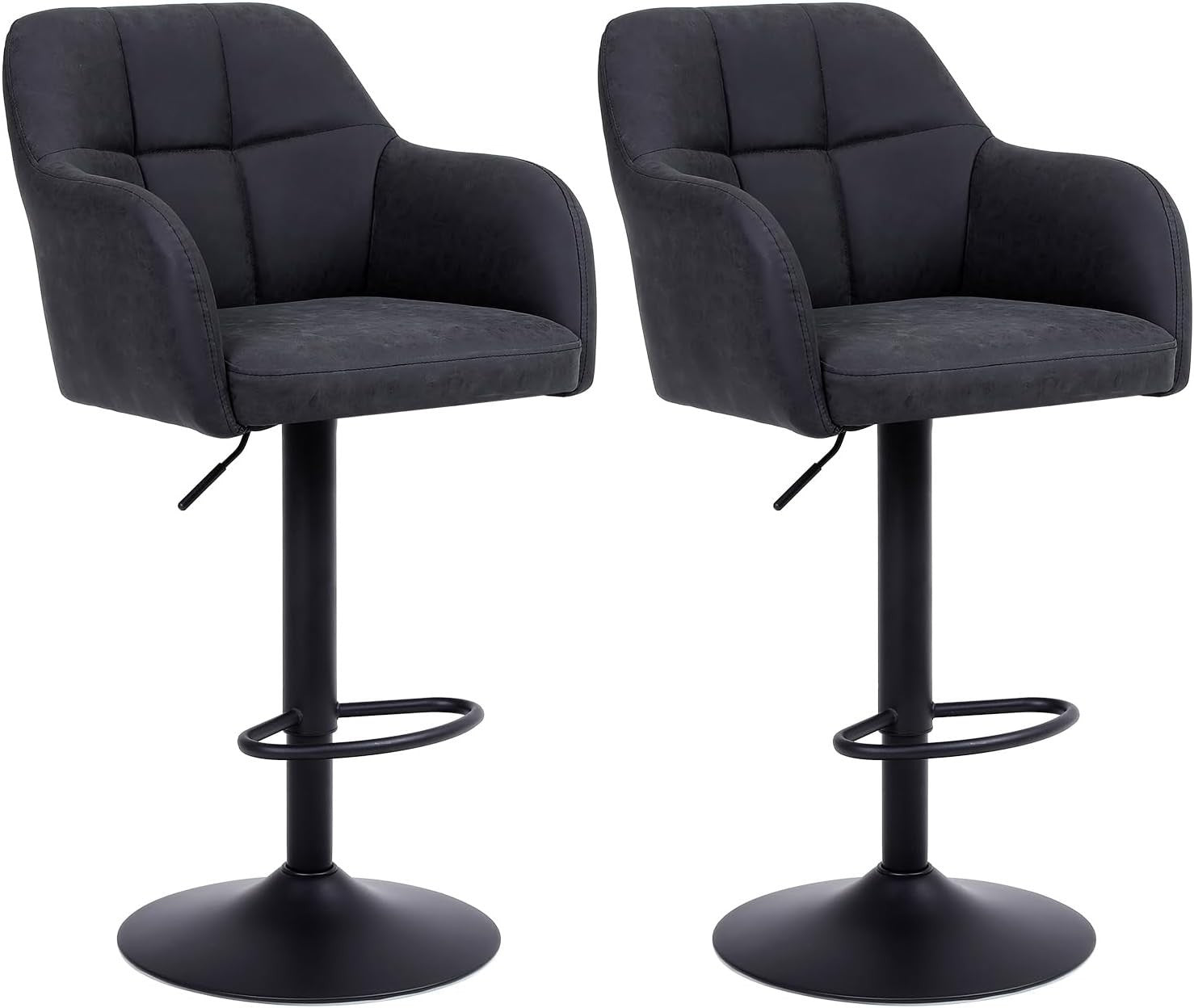 Set of 2 Dark Grey PU Leather Swivel Bar Stools Adjustable Height Modern