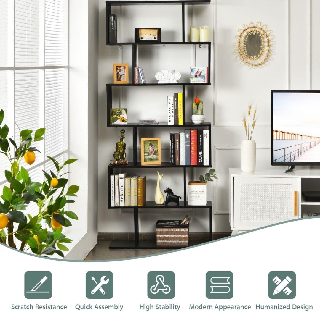 Modern 6-Tier S-Shaped Bookshelf Tall Freestanding Display Storage Unit Black