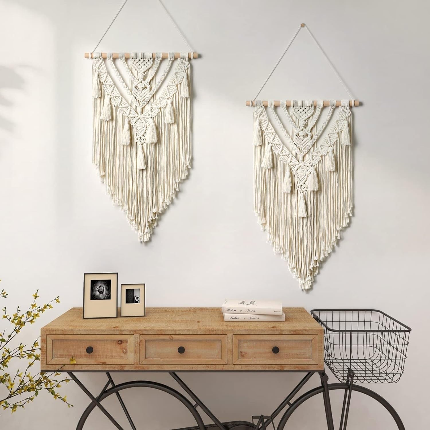 Boho Macrame Wall Hanging Beige Grey Geometric Woven Tapestry