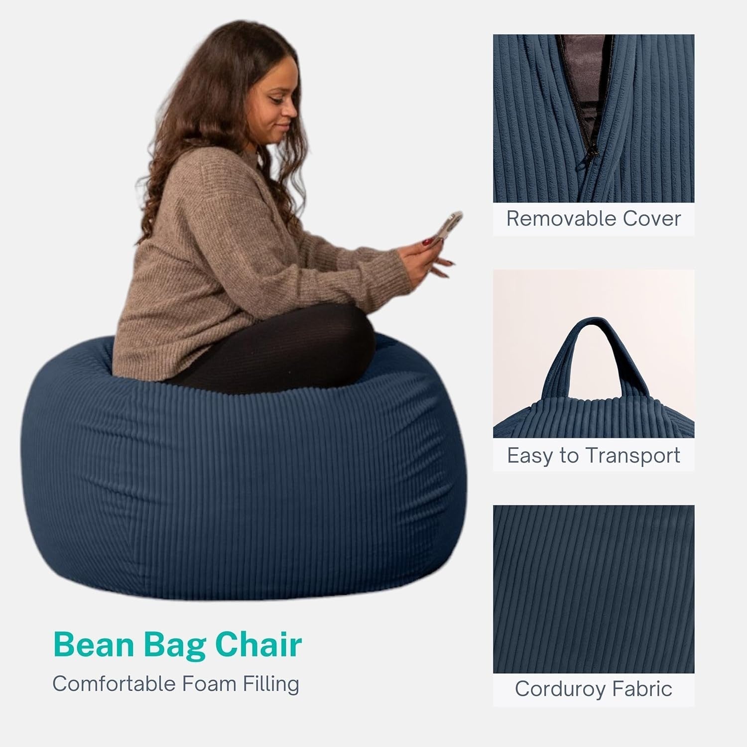 Corduroy Bean Bag Chair Dark Blue - Soft Foam Filling, Washable Cover, Portable