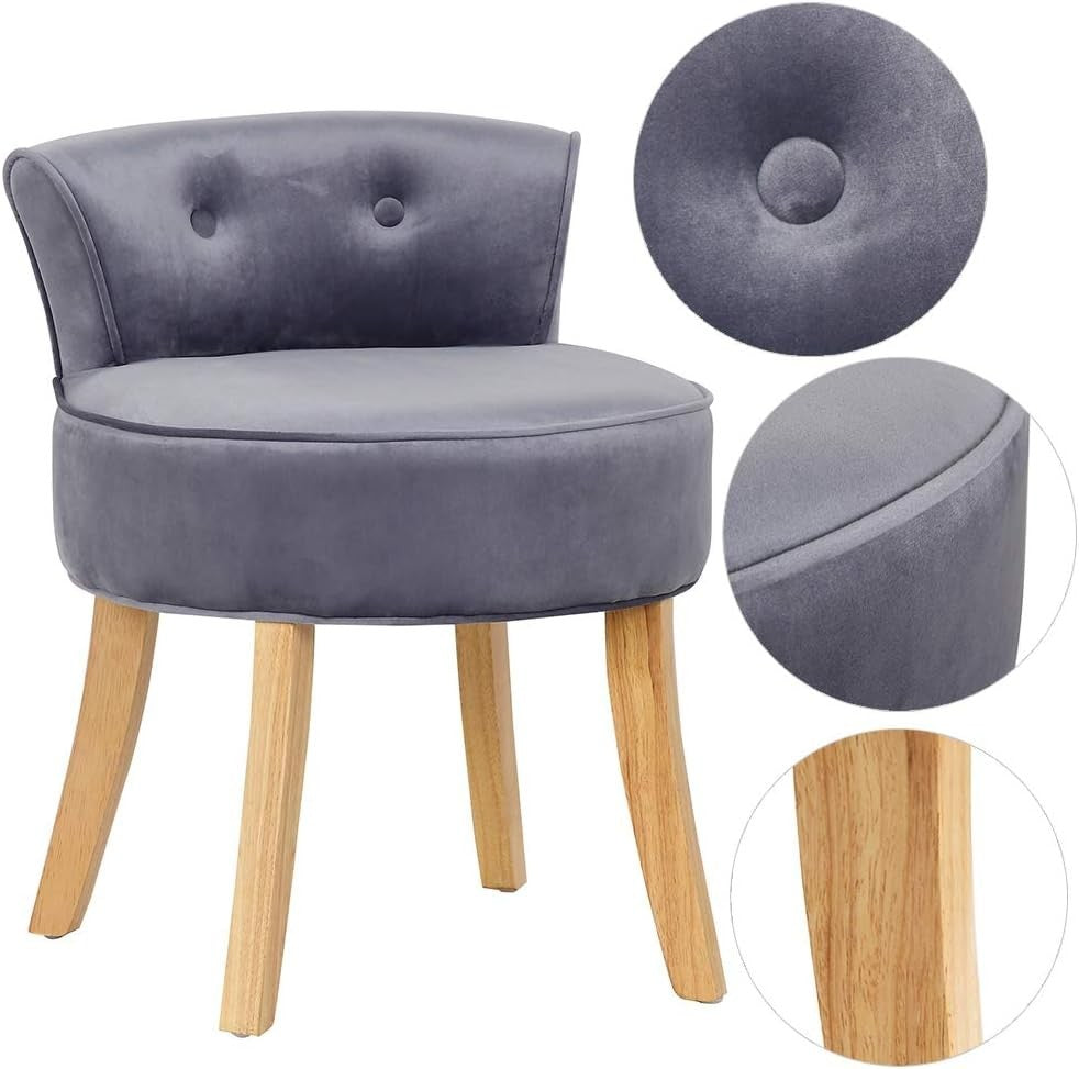 Grey Velvet Low-Back Vanity Chair – Soft Dressing Table Stool with Wood Legs